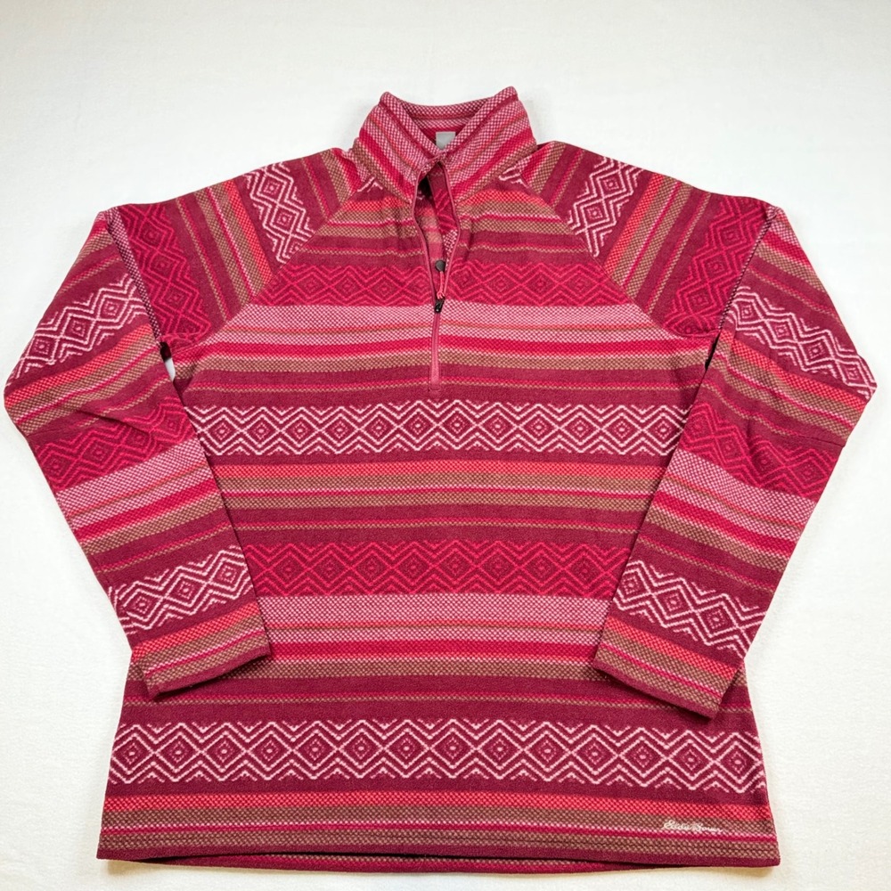 Eddie Bauer Womens Red Pink Fair Isle Fleece Quarter Zip Pullover Large